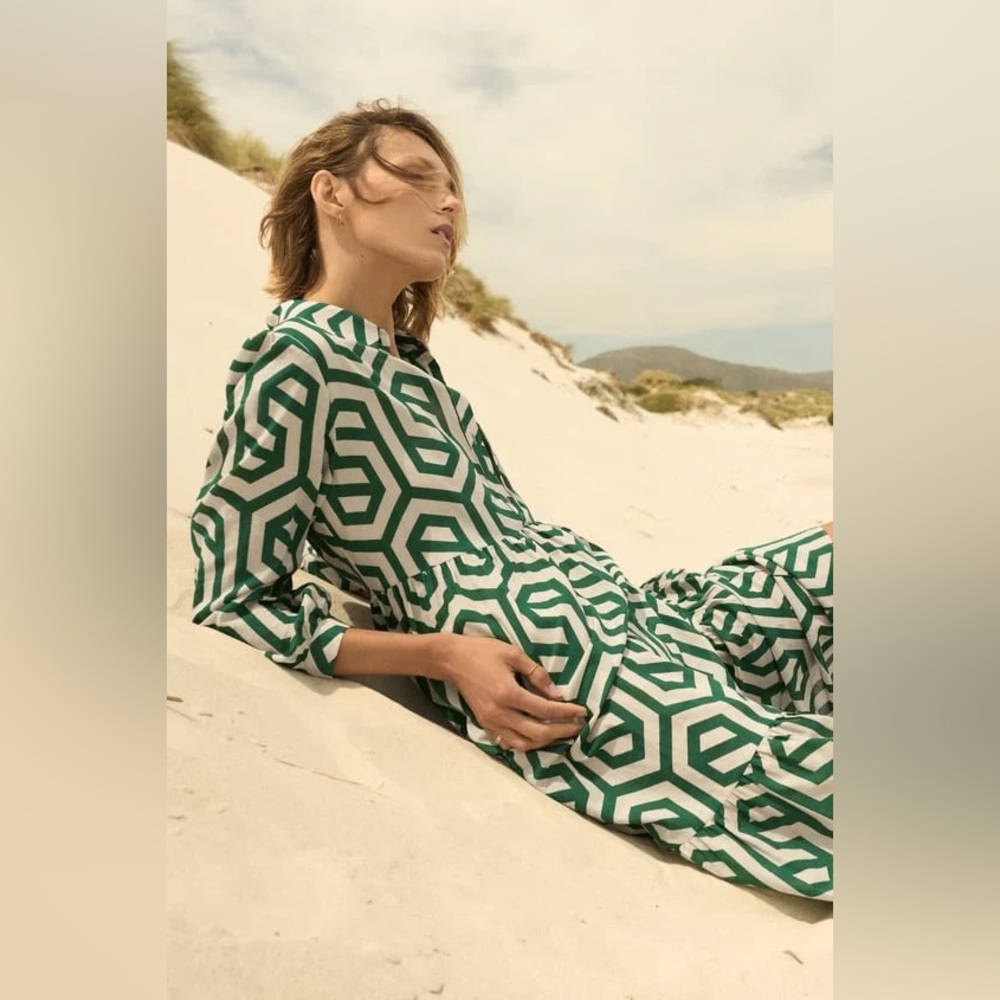 ZARA Green Geometric Print Midi Dress Bloggers Favorite Cotton Tiered Size Small - Picture 2 of 14